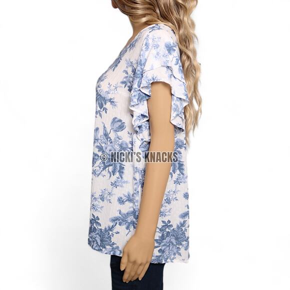 Cupcakes & Cashmere Blue Floral Flutter Sleeve Blouse Cottagecore Top Size M - Picture 4 of 11